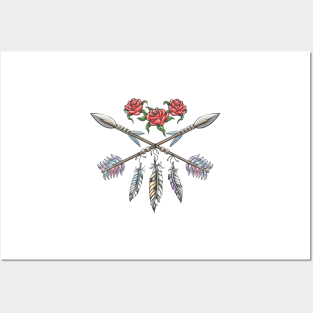 Hand drawn boho style design with rose flower, arrow and feathers Posters and Art